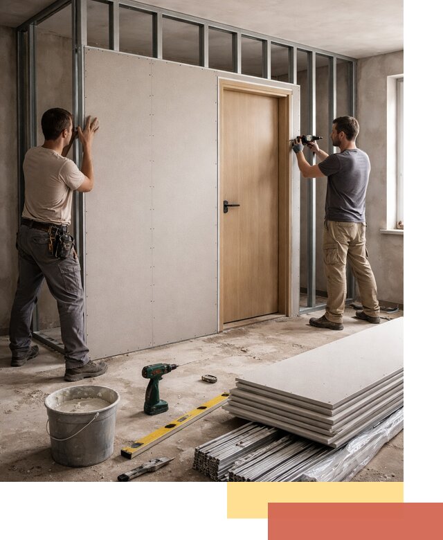 Перегородка из гипсокартона с дверью под ключ в волжском