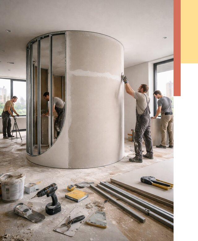 Радиусная перегородка из гипсокартона в волжском от 2938 руб. под ключ | ОТДЕЛОЧНИК-Влж