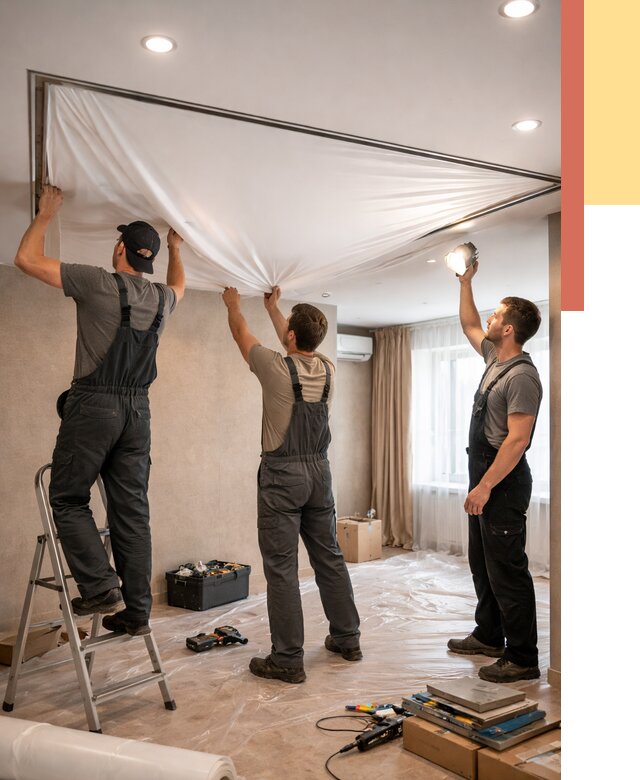 Монтаж ПВХ натяжного потолка в волжском от 3546 руб. под ключ | ОТДЕЛОЧНИК-Влж