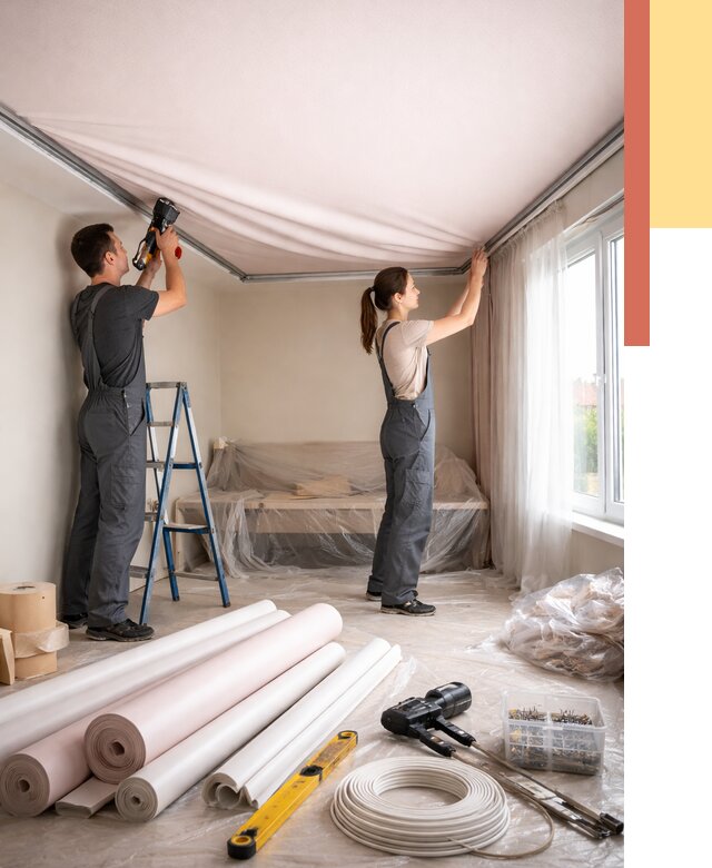 Монтаж цветного натяжного потолка в волжском от 4255 руб/м² — быстро и недорого | ОТДЕЛОЧНИК-Влж