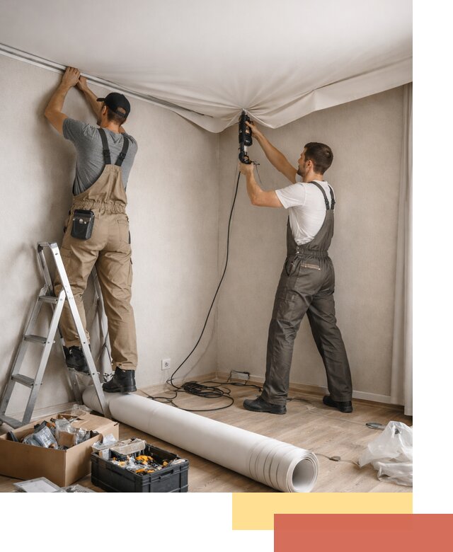 Монтаж цветного натяжного потолка в волжском за один день