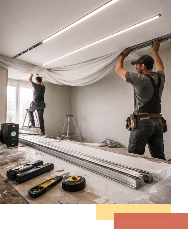 Монтаж натяжных потолков со световыми линиями в волжском