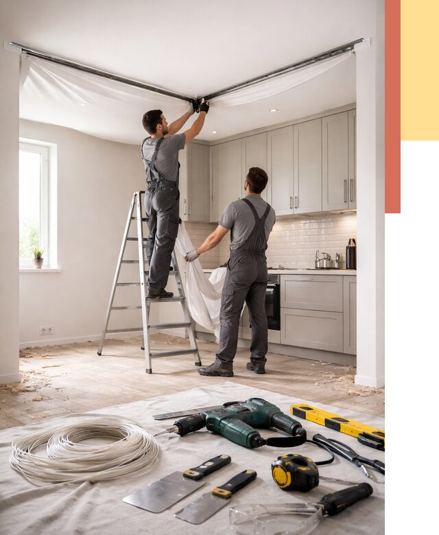 Установка натяжного потолка на кухне в волжском от 2431 руб. | ОТДЕЛОЧНИК-Влж