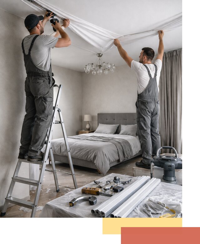 Монтаж натяжного потолка в спальне в волжском