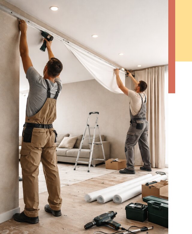 Монтаж натяжного потолка в гостиной в волжском от 557 руб. | ОТДЕЛОЧНИК-Влж