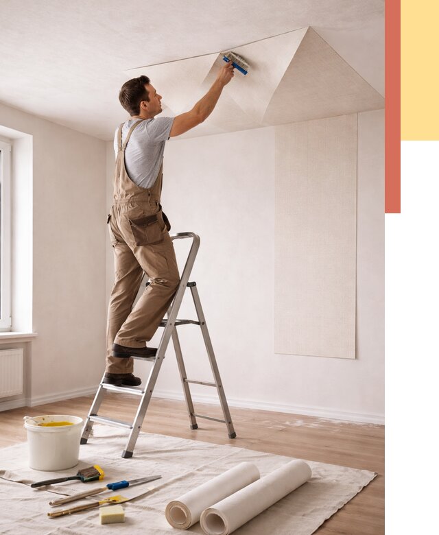 Поклейка обоев на потолок в волжском от 4559 руб. быстро и недорого | ОТДЕЛОЧНИК-Влж